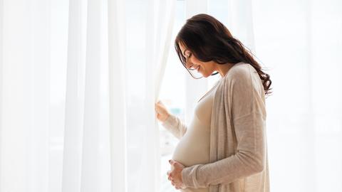 Schwangere Frau streichelt Bauch, am Fenster