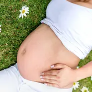 Schwangere Frau liegt in Blumenwiese 